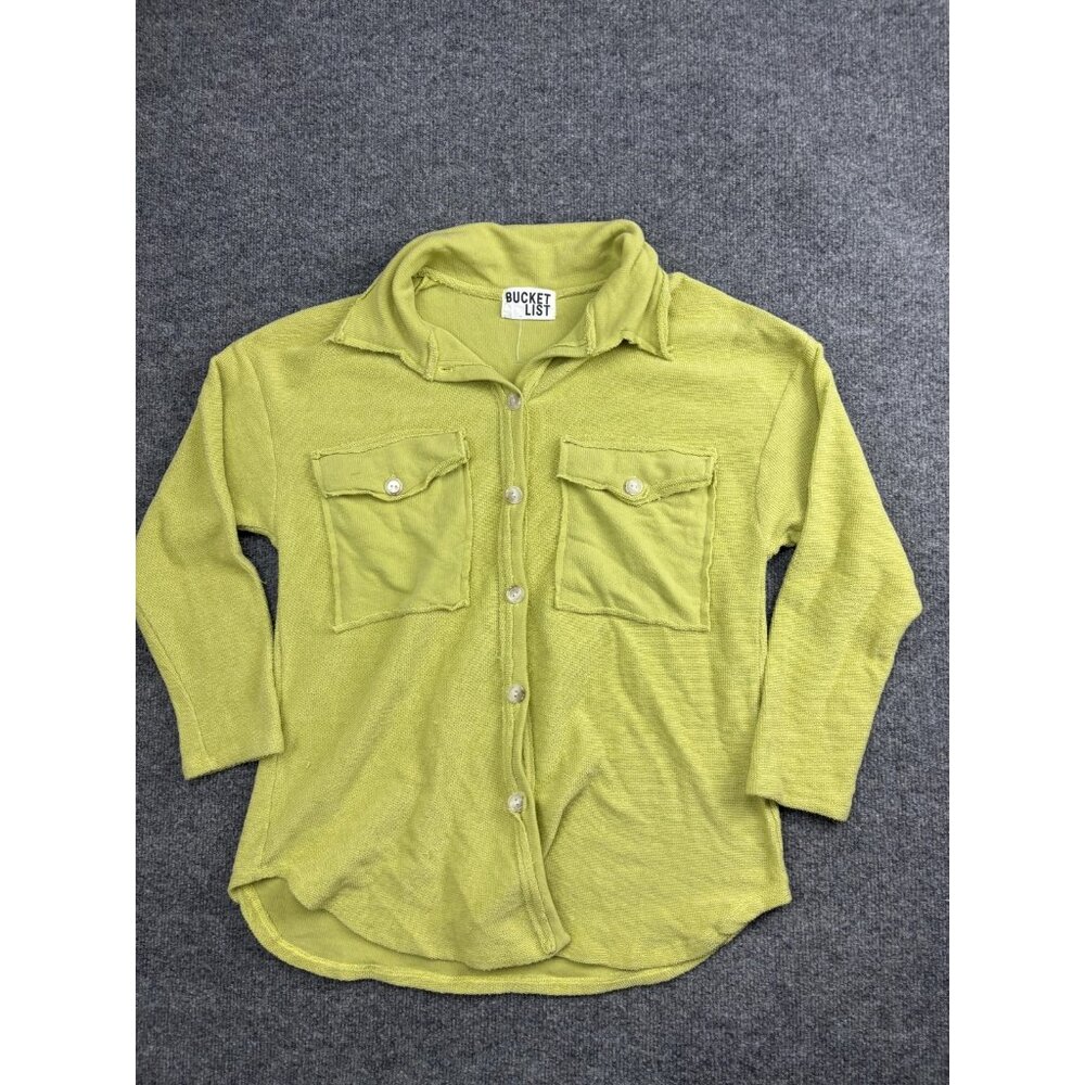 Bucket List Shirt Womens Small Green Button Front Waffle Knit Collared Made USA